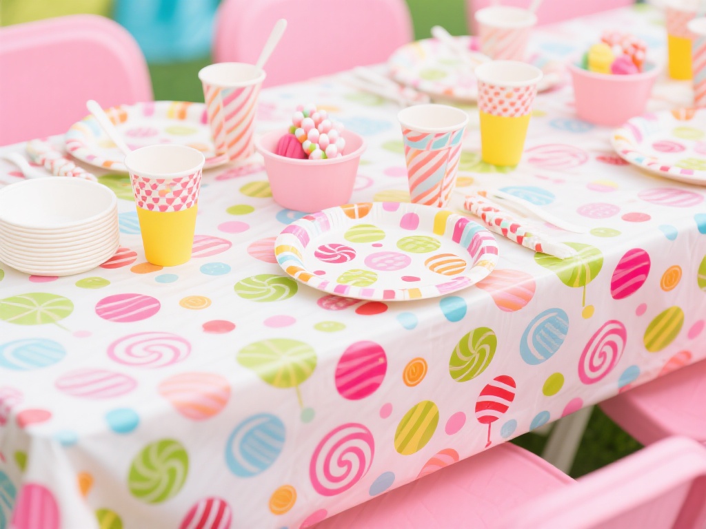 糖果桌布与餐具：选择搭配糖果印花的桌布和一次性餐具